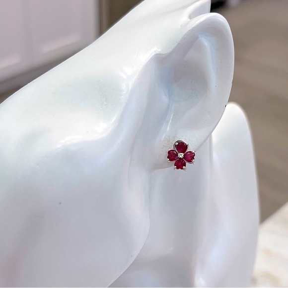 African Ruby Heart Floral Sterling Silver Stud Earrings - Picture 3 of 7